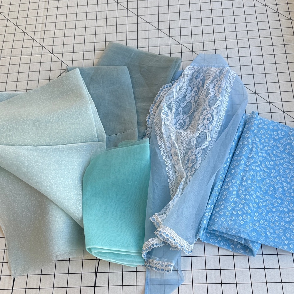 Vintage Blue Organdy & Sheer Fabric Lot, various shades of blue, various sizes